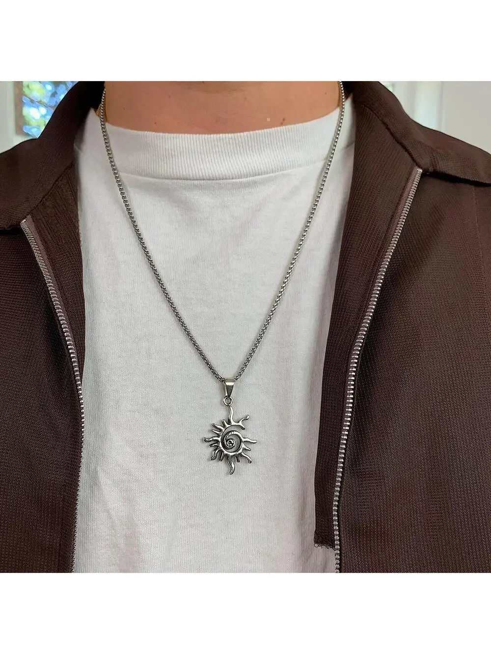 Swirling Sun Pendant Stainless Steel Silver necklace. Unisex